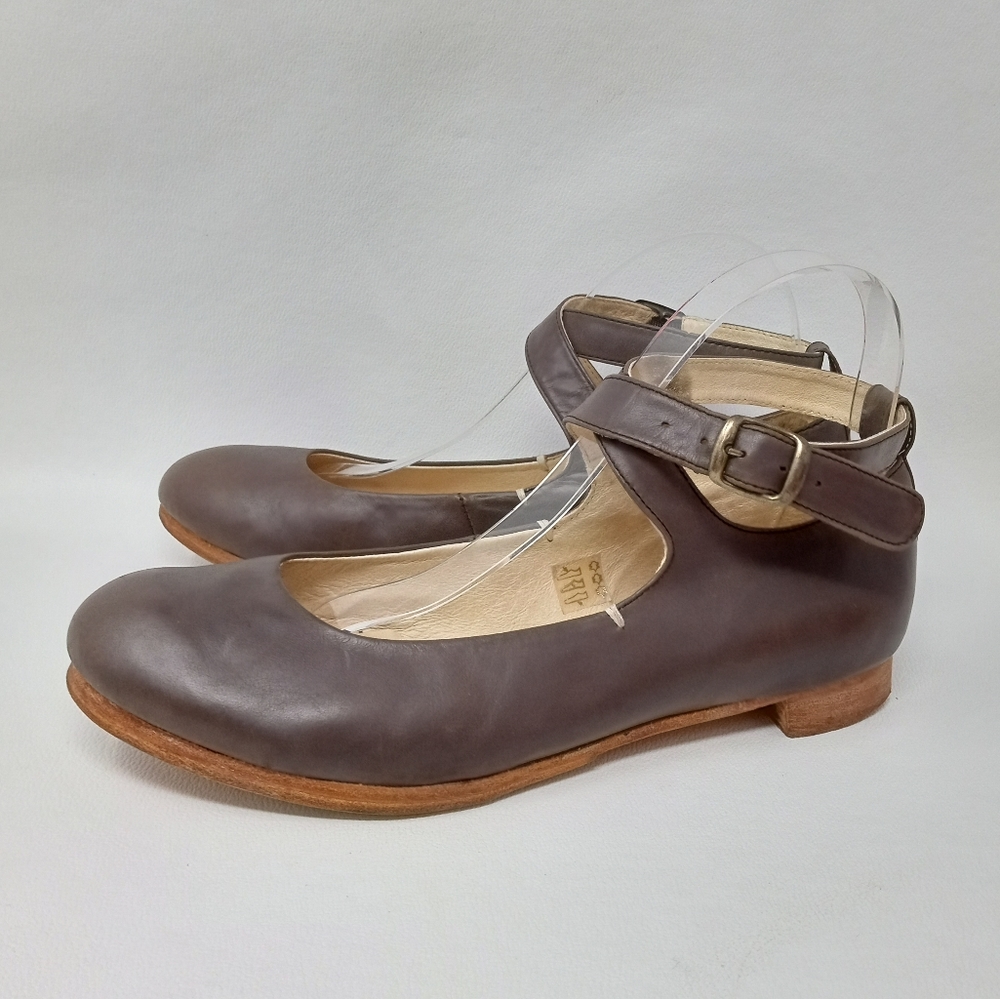 Acote Taupe Leather Ankle Strap Mary Jane Flats, Women's Size EU 39